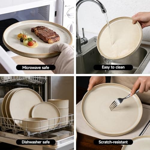 ALOFMO Stoneware Dinnerware Sets, Plates and Bowls Sets for 4, 12-Piece Ribbed Dishes – Chip & Scratch Resistant, Microwave and Dishwasher Safe Tableware, Beige - Thumbnail 4