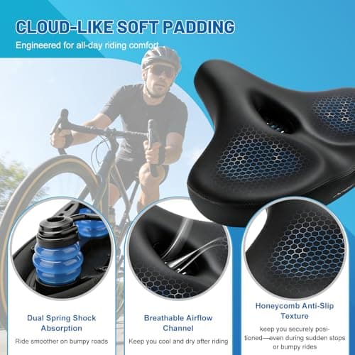 APECYC Oversized Bike Seat, Mens Wide Bike Saddle, 12.6‘’ Bicycle Seat with Thick High-Density Foam, Dual Spring Shock Absorbing Bicycle Saddle, Ergonomic Comfort for Peloton, E-Bike, Cruiser - Thumbnail 3
