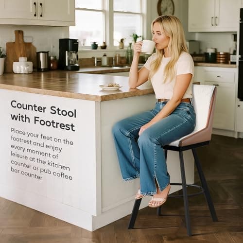 Ollega Bar Stools Set of 2, 26" Counter Height Bar Stools, Upholstered Swivel Barstools with Backs, Loop Yarn Fabric&Pu Leather, Metal Legs for Kitchen Island, Beige&Brown - Thumbnail 4