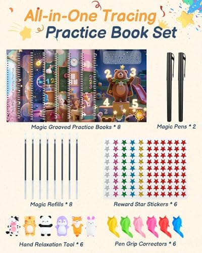 Magic Grooved Writing Practice for Kids Ages 3–8 – 8-Book Reusable 3D Handwriting & Tracing Workbook Kit with Disappearing Ink, Preschool Learning Activity - Thumbnail 2