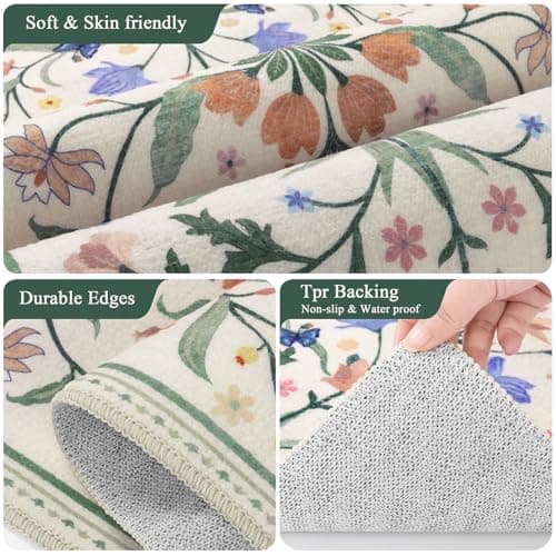 Ileading Kitchen Mat Sets 2 Piece,Plant Florals Rugs for Kitchen Floor,Stain Resistant Standing Mats with Non Slip Rubber Backing,Waterproof Runner Rugs for Laundry,Doormat,Entryway(Beige Florals) - Thumbnail 4