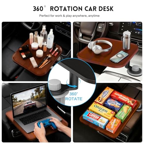 360° Rotation Car Desk for Laptop, Height-Adjustable Cup Holder Table, Wooden Car Food Tray & Laptop Mount Compatible with Tesla Model Y/3/S, Ford F150/Explorer/Maverick & Most Vehicles (Warm Walnut) - Thumbnail 4