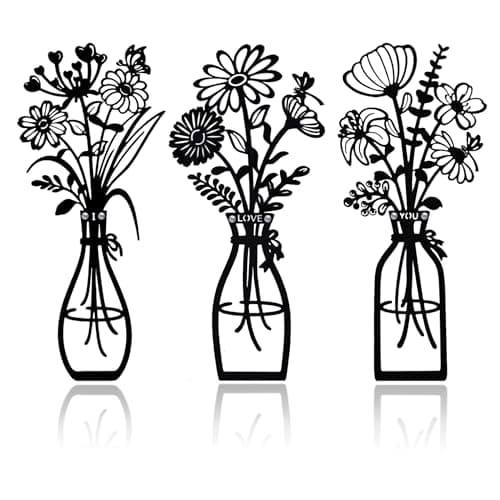 ArtCachet 3-Piece Metal Floral Wall Art - Bathroom Arts & Modern Farmhouse Decor,Home Wall Decors Sculptures for Living Room, Dining Room, Bedroom Wall Decorations & Housewarming Gift(Black, Vase-B)