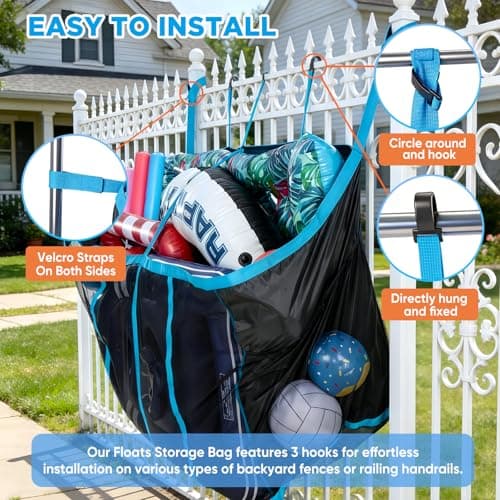 AURASUN 31" L x 20" W Poolside Float Storage Bag for Fence & Deck - Hanging Mesh Organizer for Beach Balls, Basketball and Volleyball - Pool Accessories Organizer with Side Pocket - Thumbnail 6