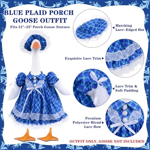 Sukione Blue Plaid Porch Goose Outfits, Summer Vintage Lawn Goose Clothes for 23" Cement Goose Statue, Cute Lace Dress with Hat for Outdoor Garden Patio Yard Art Decorations - Thumbnail 3