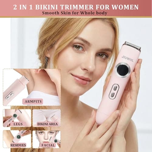Bikini Trimmer for Women, JIUWIIL 2 in 1 Electric Razors for Women, IPX7 Waterproof Dual Head Electric Shaver,Wet & Dry Use Body Hair Trimmer, Facial Hair Remover for Bikini Underarm Leg Arm (Pink) - Thumbnail 2