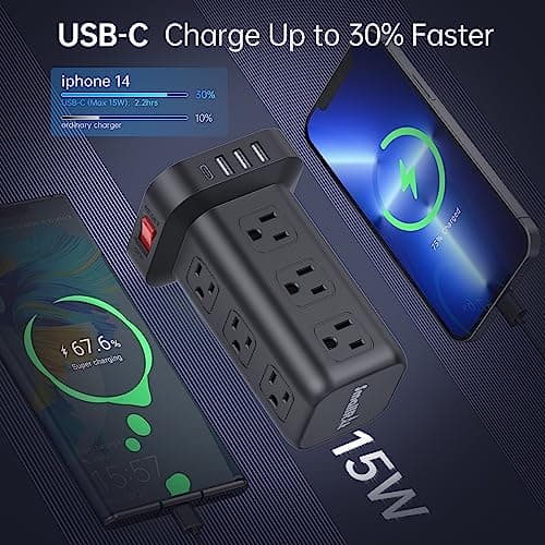 15FT USB C Power Strip Surge Protector Tower, Mini Power Strip Tower Travel 12 AC 4 USB Power Strip with USB Ports, Overload Protection for Home Office - Thumbnail 4
