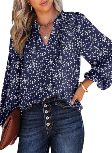 Dokotoo Boho Tops for Women Trendy Button Down V Neck Long Sleeve Shirts Summer Business Casual Cute Loose Fit Babydoll Smocked Flowy Work Blouses Fashion Beach Vacation Outfits Clothes Blue XL - Image 1