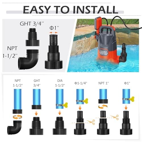 SHANGDA Sump Pump with Float 1HP Clean/Dirty Submersible Water Draining Pump 4500GPH Electric Portable Water Transfer Pumps for Pool Basement Garden Spa Hot Tubs Pond Flood Yard, Orange - Thumbnail 6