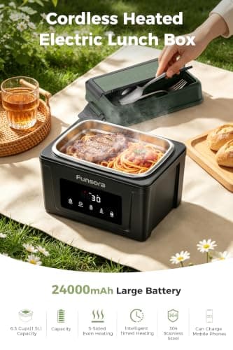 Funsora Cordless Heated Lunch Box 6.3Cups Electric Lunch Box 24000mAh Rechargeable Battery Fast 5-Sided Heating Self Heating Food Warmer Smart Timer Lunch Box for Work Travel Truck - Thumbnail 2