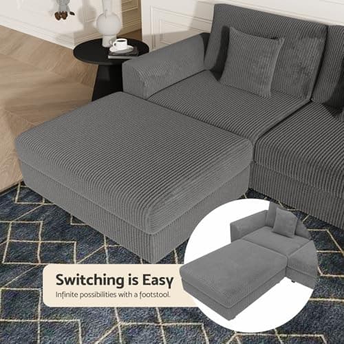 Oversized Modular Sectional Sofa with Storage, Modern Sleeper Sofa, Extra Deep Seat Comfy Corduroy Cloud Couch with Ottoman and 5 Pillows for Living Room (U Shape Sectional with Storage, Grey) - Thumbnail 6