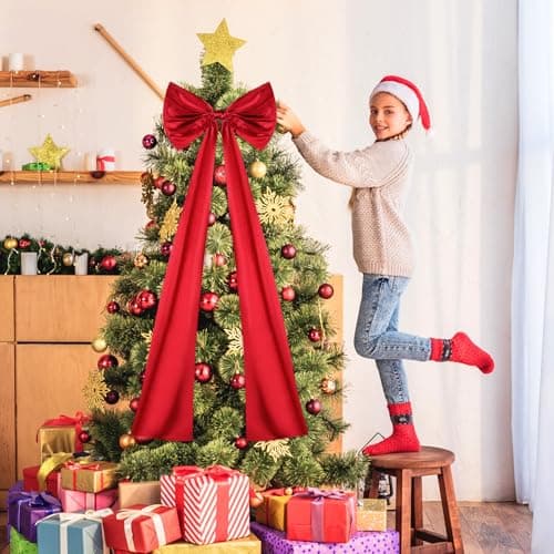 Christmas Tree Topper Bow, 23.6 x 87 Inch Giant Christmas Tree Toppers Satin Bows Christmas Decorations, Christmas Wreath Bows for Home Party Wedding Car Holiday Decor Supplies (47 Inch Red Bow) - Thumbnail 2