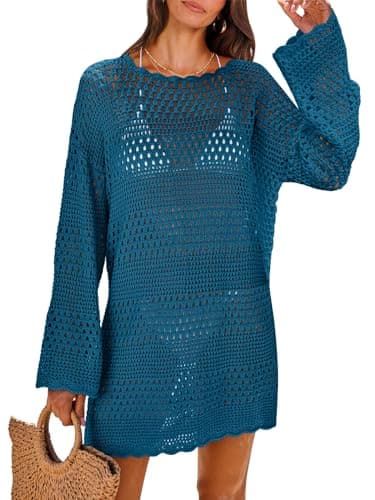ANRABESS Women Swimsuit Crochet Swim Cover Up 2026 Summer Bathing Suit Swimwear Mesh Knit Beach Dress Vacation Outfits Cyan Medium - Image 1
