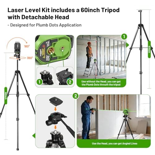 Laser Level with Tripod 60 Inch, Huepar Self Leveling Laser Level with 2 Plumb Dots -Green Cross Line Laser Leveler Tool with 360° Horizontal and 140° Vertical Line for Construction & Home Use 621CGT - Thumbnail 3