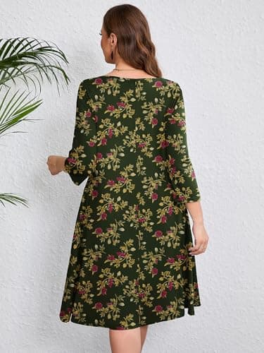 AusLook Women's Plus Midi Dresses Crew Neck A Line 3/4 Sleeves Casual Elegant Loose Flowy Wedding Guest Maternity Vacation Beach Yellow Leaves Rose 2X Dress with Pockets - Thumbnail 5