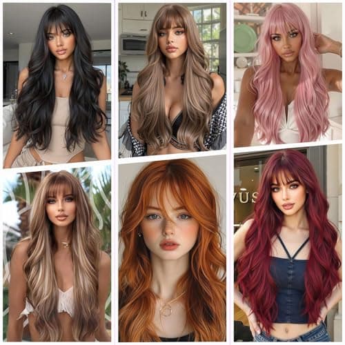 Barbique Black Long Wavy Wig with Bangs, Heat Resistant Synthetic Wig, Beginner Friendly, Natural Look, Adjustable Straps, Glueless Ready to Wear for Daily Party Cosplay Use - Thumbnail 6