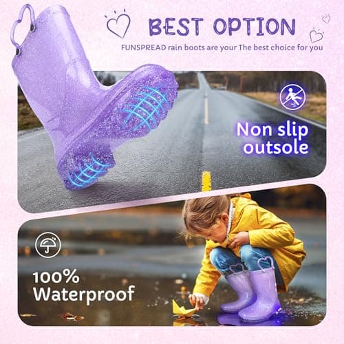 Funspread Girls Toddler Rain Boots - Glitter Light Up Kids Rain Boots with Easy-On Handles, Size 6 - Thumbnail 4