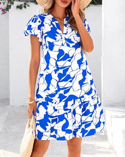 dowerme Womens Summer Dresses 2026 Puffy Sleeve V Neck Loose Floral Print A Line Boho Mini Babydoll Dress with Pockets(Blue,Large) - Thumbnail 2