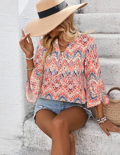 LOOKBOHO Womens Tops 3/4 Sleeve Dressy Casual Floral Blouses Button V-Neck Business Tops Boho Shirts Red&Navy L - Thumbnail 2