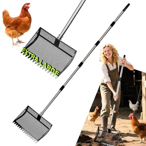 XOTTI 12 Inch Large Chicken Poop Scooper & Rake 2-in-1, Metal Chicken Coop Scoop with 36 to 75" Adjustable Stainless Steel Handle, Durable Sand Litter Sifting Shovel for Farm Animals - Image 1
