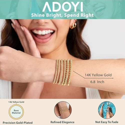 adoyi Gold Bracelets for Women 14K Gold Plated Strand Stackable Beaded Bracelet stack Set Adjustable Jewelry Sets for Women Gifts - Thumbnail 5