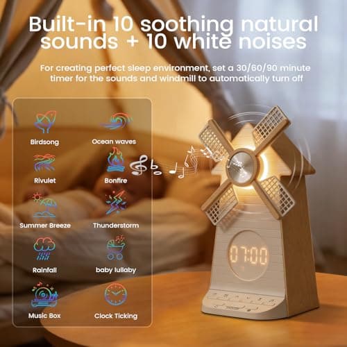 Sunrise Alarm Clock with Rotating Windmill, Easy Snooze Wake Up Light, 10 Natural Sounds & 10 White Noises, 4-Level Dimmer Bedside Night Light with 30/60/90 Min Timers, Sleep Aid Gift for Adults/Kids - Thumbnail 5