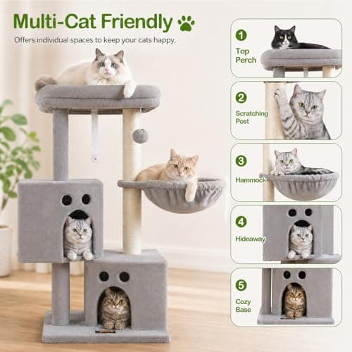 Small Cat Tree Tower for Indoor Cats, 40 in Compact Adults Cat Beds Trees with 2 Condos, Sisal Scratching Post, Large Perch Platform, Multi-Level Kitty Kitten Climbing Stands House(Light Grey) - Thumbnail 5