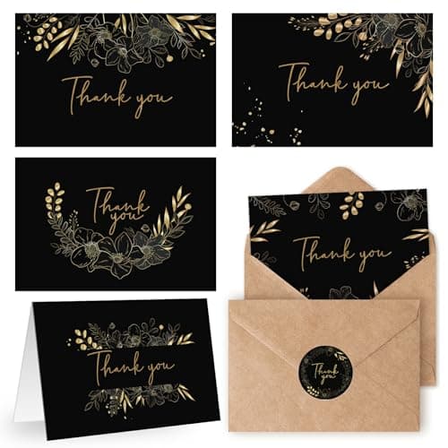 Oaken Leaford 108 Pack Pre-Folded Floral Thank You Cards with Envelopes & Stickers, 6 Elegant Designs for Wedding, Baby Shower, Bridal Shower, Teacher Gifts (Black Gold)