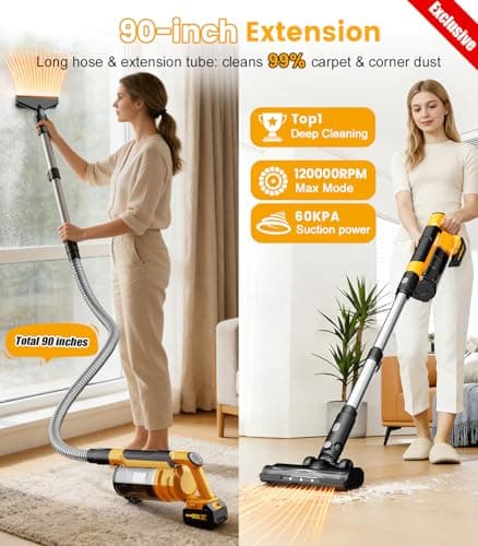 qimedo 8000mAh Cordless Vacuum Cleaner with 2 Batteries, 700W Powerful Suction, 90 Inch Extension Tube & 2L Dust Cup, 7 in 1 Stick Vacuum for Home, Hardwood Floor, Pet Hair, Dorm - Thumbnail 2