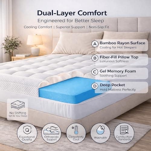 ELEMUSE 3 Inch Full Size Dual Layer Memory Foam Mattress Topper, 2 Inch Cooling Gel Foam, 1 Inch Soft Pillowtop Pad, Pressure Relief Bed Topper for Teen Room, Apartment & Guest Bed, Extra Support - Thumbnail 3
