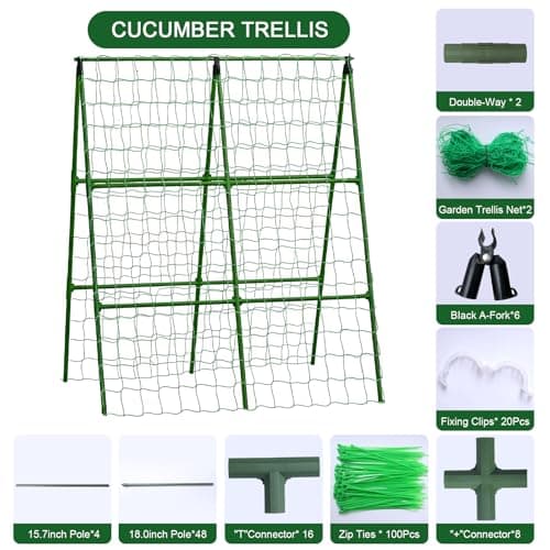 2-Pack A-Frame Cucumber Trellis for Raised Bed - 33"x47" Foldable Garden Trellis with Net & Clips|Space-Saving Metal Plant Support for Cucumber, Tomato, Peas|Rust-Proof Outdoor Climbing Plants Trellis - Thumbnail 2