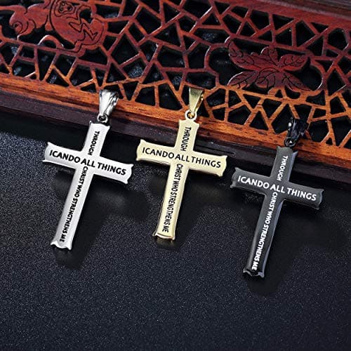 Rehoboth Stainless Steel Bible Verse Cross Pendant Necklaces for Men Women Philippians 4:13 Strength Bible Verse I CAN DO ALL THINGS 24 Chain Inch Black - Thumbnail 4