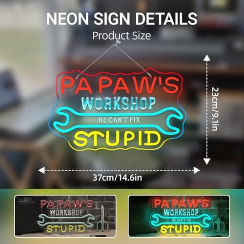 Workshop Neon Sign Garage Neon Signs for Wall Decor Wrench Led Lights He Cant Fix Stupid Light Up for Papas Garage Carport Man Cave Repair Shop Decoration DIY Lovers Gifts - Thumbnail 5