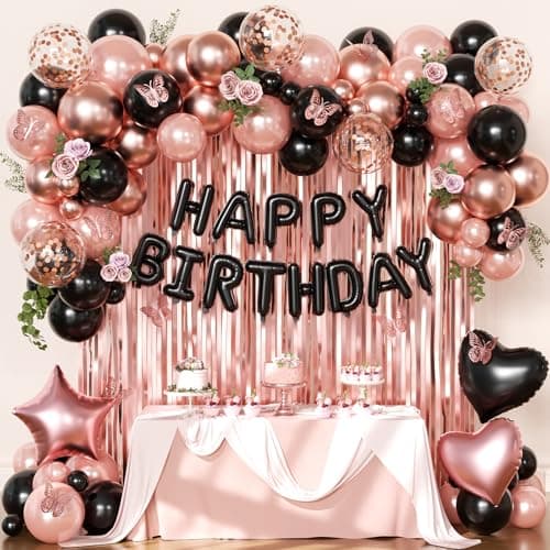 Rose Gold and Black Birthday Decorations for Women Girls, Pearl Metallic Rose Gold Black Foil Confetti Balloons Happy birthday Banner Gold Butterfly Fringe Curtains for Birthday Party Women Girls - Image 1