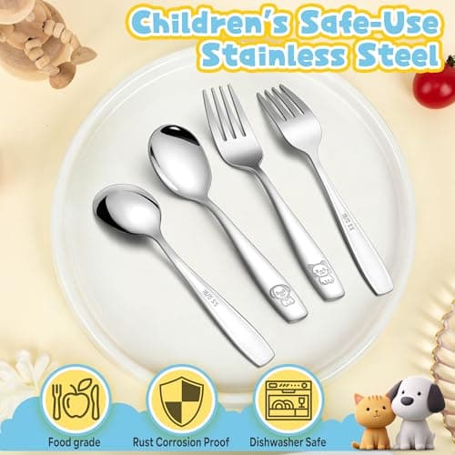 LIANYU 10 Pieces Toddler Silverware Set, Stainless Steel Kids Silverware Set, Metal Baby Utensils with Small Toddler Forks and Spoons, Children Safe Flatware with Cute Pattern, Dishwasher Safe - Thumbnail 3