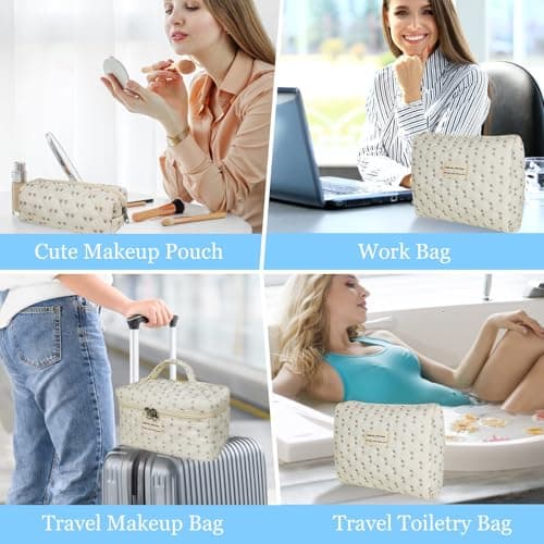 Gosect Quilted Makeup Bag, Large Floral Cosmetic Bag for Women, Cute Cotton Makeup Bag, Flower Travel Toiletry Organizer Bag (Flower) - Thumbnail 6