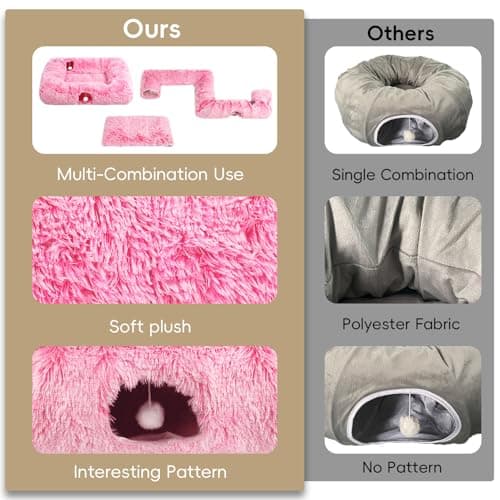 Extra Large Cat Tunnel Bed, 4 Ways Tunnels for Indoor Cats, Multi-cat Family Pet Bed & Cave, Plush Cat Donut with Washable Middle Mat, Exit Balls, Pet Play Toy for Kitten Puppy Rabbit, Pink - Thumbnail 6
