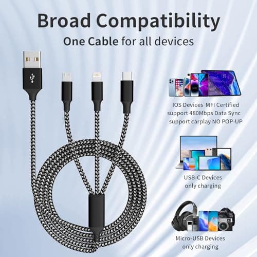 Firsting Multi Charging Cable,(2Pack 4FT) 3 in 1 Charging Cable for Multiple Devices, Nylon Braided Universal Charger Phone Charger Cord with Type-C,Micro USB,IP Port for iPhone16/15 Series/Phone&Pad - Thumbnail 6