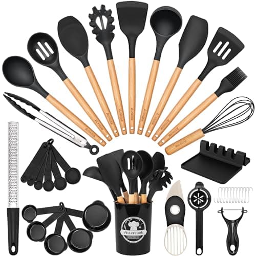 Astercook 39 PCS Kitchen Utensils Set, Silicone Cooking Utensil Sets with Wooden Handle, 446°F Heat Resistant Food Grade Spatula Set, BPA Free Kitchen Gadgets Tools Set & Spoons for Nonstick Cookware - Image 1