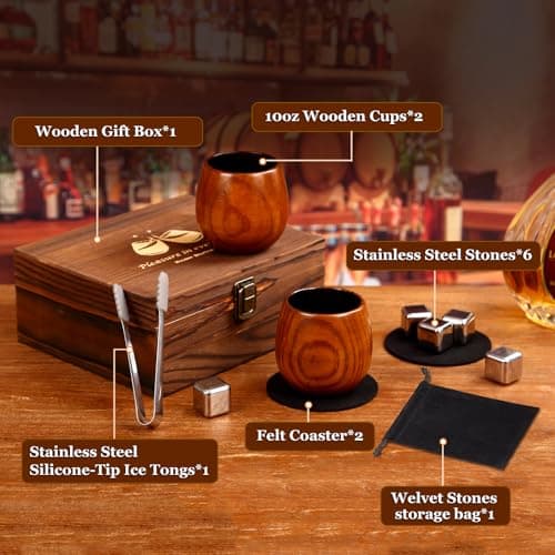 Charred Wooden Bourbon Glasses Set, 2 Pack Handcrafted Whiskey Tumblers with 6 Stainless Steel Whiskey Stones & Ice Tongs in Wooden Gift Box, Unique Bourbon Gifts for Men, Dad, Boyfriend - Thumbnail 3