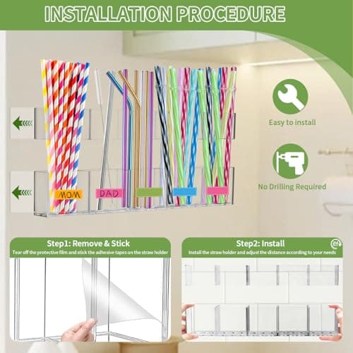 Straw Holder for Cabinet Door - 9.5'' Acrylic Straw Organizer with Adhesive Tape & Stickers, Transparent Straws Storage Container for Cabinet, Straws Dispenser for Counter Cupboard Home Kitchen Cafe - Thumbnail 2
