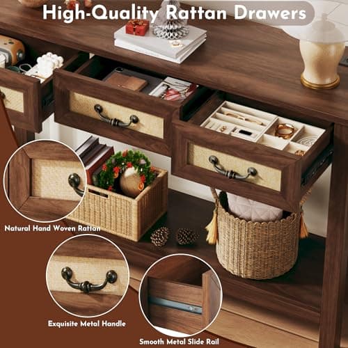 HUAHUU 47.2" Console Table with 3 Rattan Drawers, Long Sofa Table with Storage Behind Couch, Farmhouse Entryway Table with Power Outlet & Open Storage for Entrance/Hallway/Foyer/Living Room, Walnut - Thumbnail 6