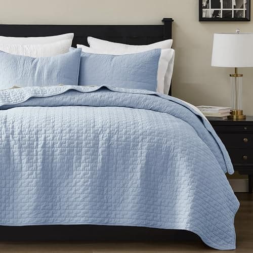 palassio Baby Blue 100% Cotton Quilt California Cal King Size Bedding Sets with 2 Pillow Shams, Textured Oversized Lightweight Bedspread Shabby Chic Coverlet, Soft Bed Cover for All Season, 3 Pieces - Image 1