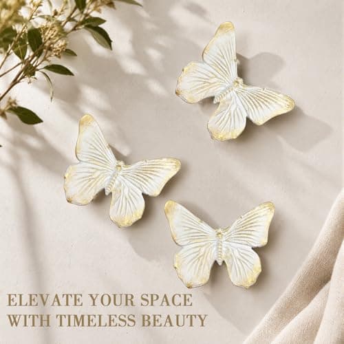 GUSFREUD 3D Butterfly Wall Decor Set – Resin Wall Decorations for Living Room, Bedroom, Garden, Yard, Outdoor and Gallery Walls - Ivory Gold - Set of 3 - Thumbnail 6
