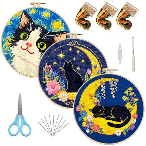 FEIYUENO 3 Set Cat Patterns Cross Stitch Embroidery Kit for Beginner Adults - Image 1