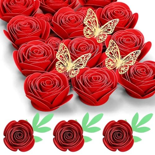 Mverse 3D Rolled Paper Flowers for Shadow Box & Graduation Cap Decorations - Handcrafted Small Roses Craft Kit with 3D Butterflies & Leaves - DIY Scrapbook Embellishments (Red)