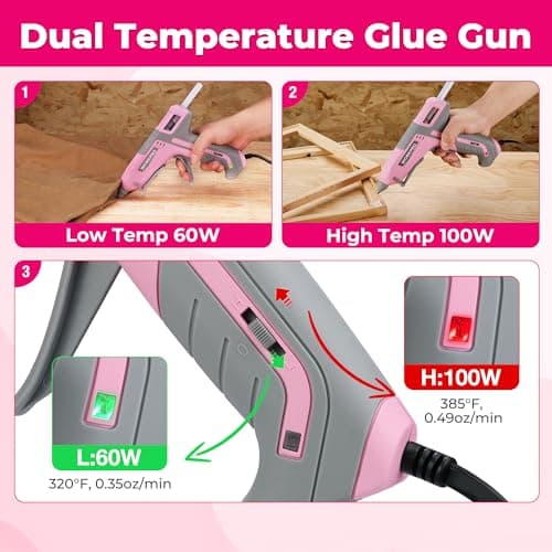 WORKPRO Hot Glue Gun Full Size - 60/100W Dual Temp Glue Gun and Sticks Set with 10 PCS Glue Sticks (7/16") - 90S Fast Preheating Hot Glue Gun for Construction, Crafting, DIY and Repairs - Pink Ribbon - Thumbnail 4