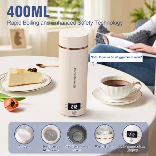 Travel Electric Kettle Portable Mini Kettle,Small Hot Water Boiler with 4 Temperature Settings,304 Stainless Steel,Fast Boiling Water with Auto Shut-Off and Boil Dry Protection,400ml (Beige, 400ML) - Thumbnail 3