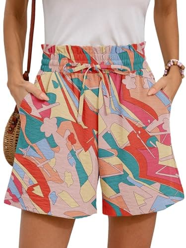 Moodclo High Waisted Wide Leg Shorts Rosy Clouds Medium with Pockets Ladies Comfy Linen Work Summer Casual Drawstring Beach Vacation 2025 Trendy Outfits - Image 1