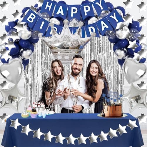 Navy Blue Birthday Party Decorations Set – Blue Theme Supplies with Banner, Star Garland, Crown, Heart & Star Foil Balloons, Fringe Curtain, Cake Topper, Tablecloth, Confetti Balloons for Men & Women - Thumbnail 6